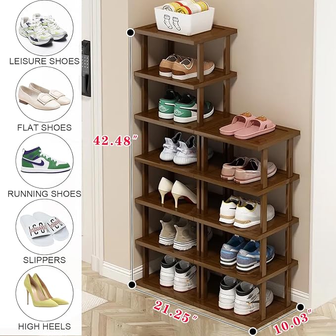AFOORD Vertical Shoe Rack-Tall Narrow Shoe Rack Organizer for Small Spaces,12Tier Bamboo Shoen Shelf for Entryway,Closet,Corner,Doorway,Skinny Shoe Shelf Space Saving Shoe storage,Free Stackable DIY