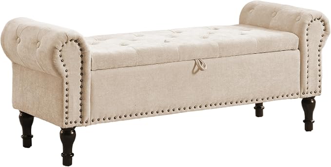 51" Storage Bench for Bedroom, Chenille End of Bed Bench, Queen Size Bench with Rolled Arms, Tufted Storage Ottoman Benches, Upholstered Bench for Bedroom, Living Room, Entryway, Camel