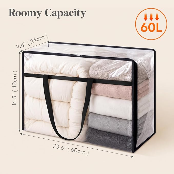 Lifewit 3 Pack Clear Blanket Storage Bags, 60L Plastic Comforter Storage Bag, Vinyl Foldable Moving Bags with Zipper, Clothes Storage Bags, Closet Organizers for Bedding, Duvet