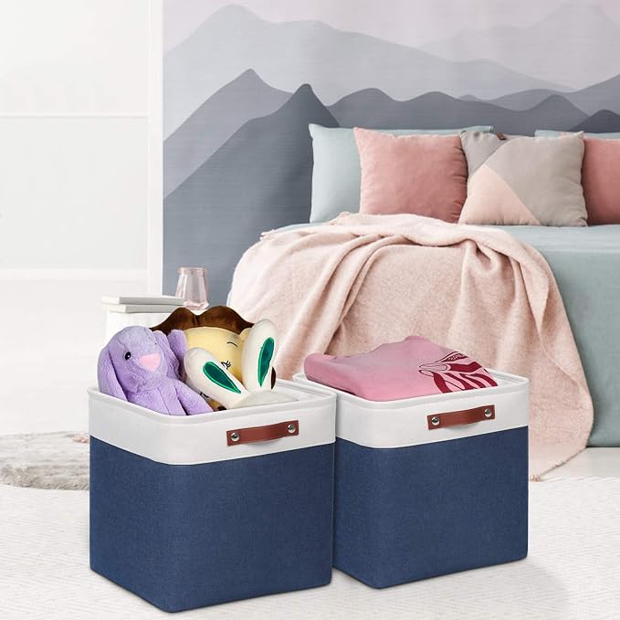 Univivi Fabric Cube Storage Bins for Shelves,Blue,13 x 13 x13 inch,4 Pack | Large Capacity,Metal Frame,Hard Cardboard Bottom,Foldable,Linen Closet Baskets with PU Handles