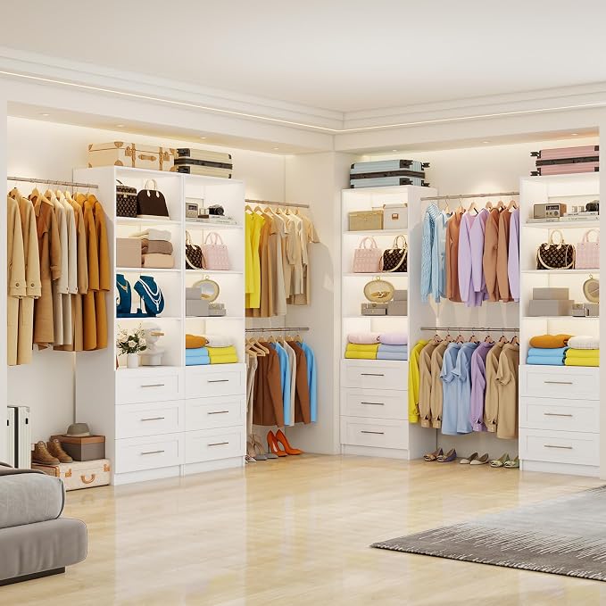 Fastgo Closet System with Drawers, 5-9FT Closet Organizer System with 4 Expandable Rods & Adjustable Shelves for Walk in Closet, 96” Built in Closet System Tower, Small Closet Storage System, White