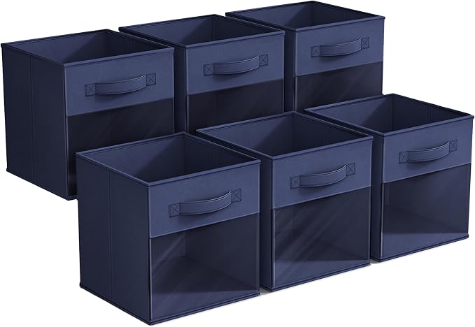 Sorbus 11 Inch Storage Bins with Clear Window - 6 Foldable Baskets for Organizing Clothes, Toys, Books - Sturdy Collapsible Fabric Storage Cubes with Handle - Storage Baskets for Shelves, Closets