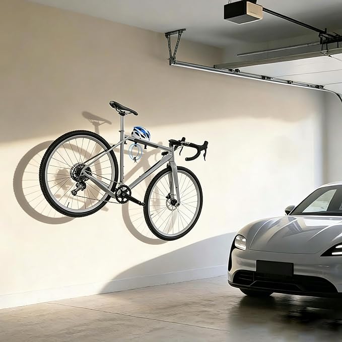 Bike Wall Mount - Heavy Duty Horizontal Indoor Bike Storage Garage Rack | that Holds a Helmet and Shoes, Space Saving 1 Bicycle Wall Hanger for Road, Mountain & Hybrid Bikes, Holds Up to 66lbs