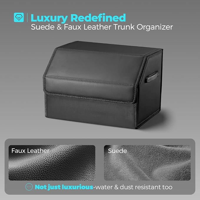 Fyzeoty Car Trunk Organizer for SUV and Sedan, Black, 16.5 inches | Leather Storage Box, Magnetic Lid, Collapsible and Adjustable, Water‑Resistant & Dust‑Proof