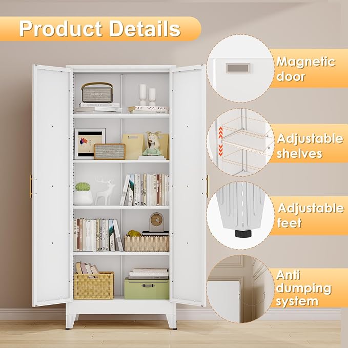 71" H Metal Kitchen Pantry Storage Cabinet, Freestanding Cupboard with 2 Doors and 4 Adjustable Shelves, Standing Storage for Kitchen, Bathroom, Garage, Dinning Room or Utility Room（White）