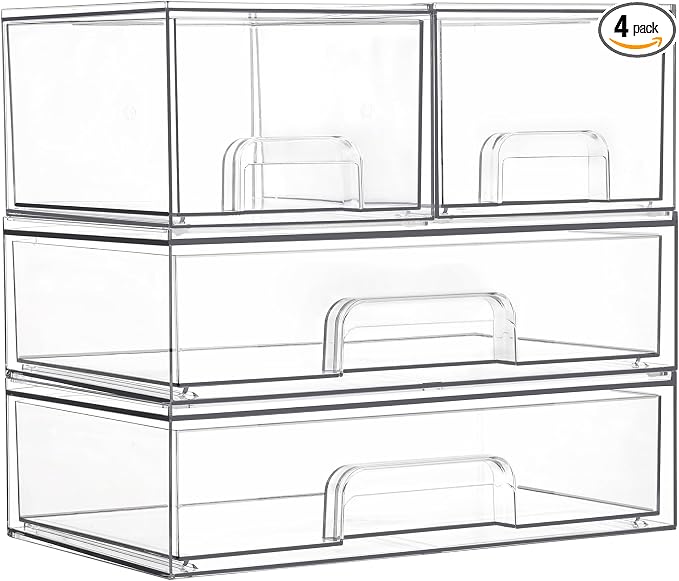 Vtopmart Stackable Storage Drawers Set of 4, Clear Plastic Organizer Bins for Bathroom Supplies,Ideal for Cabinet,Pantry,Laundry Room Organization