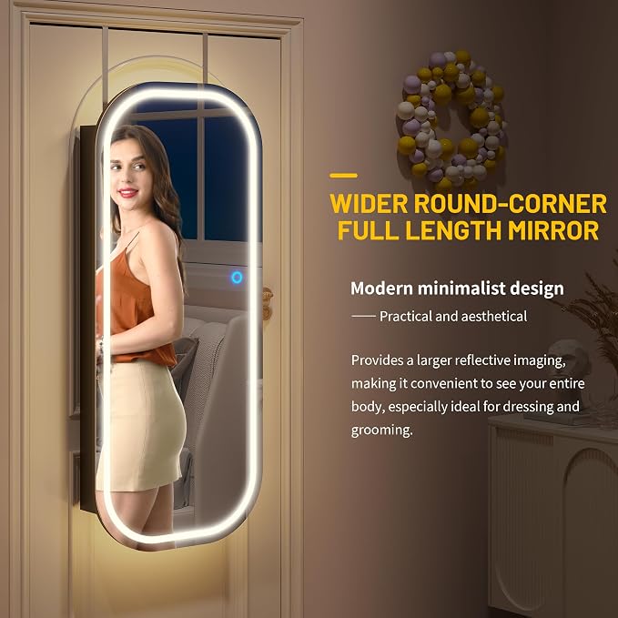 LED Mirror Jewelry Cabinet, Wall/Door Jewelry Organizer, 16" W Black | Lockable Jewelry Armoire with Full Length Mirror, 65 Ring and 108 Earring Slots, Foldable Shelf, Rounded Corner