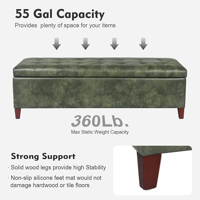 Ottoman with Storage, 51 Inch End of Bed Storage Ottoman Bench, Faux Leather Upholstered Ottomans with Hinged Lid, Rectangle Long Foot Rest Bench for Living Room Bedroom Dark Green