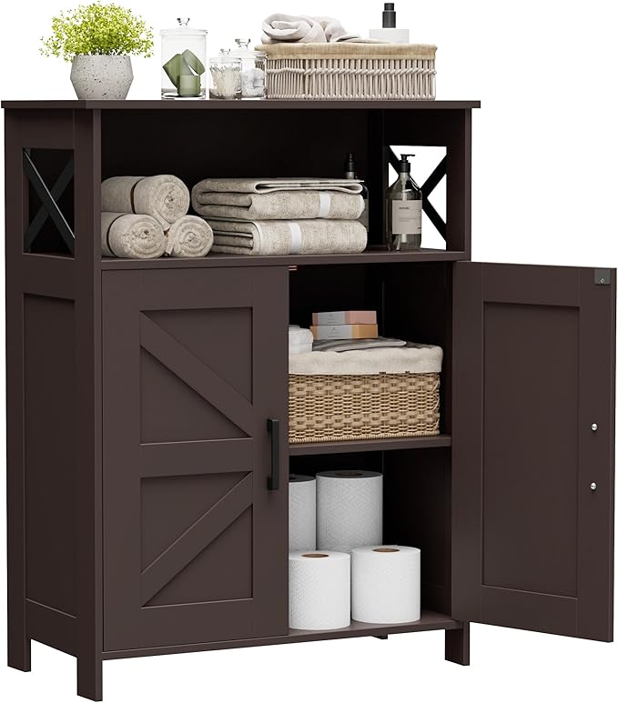 Homhedy Farmhouse Bathroom Storage Cabinet with Doors, Small Floor Cabinet | Toilet Paper Cabinet with Adjustable Shelf, Freestanding Storage Cabinet for Kitchen/Laundry/Living Room, 24"W, Brown