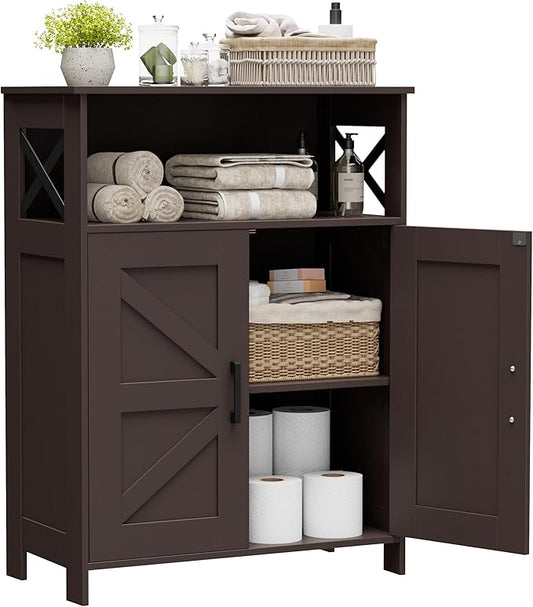Homhedy Farmhouse Bathroom Storage Cabinet with Doors, Small Floor Cabinet | Toilet Paper Cabinet with Adjustable Shelf, Freestanding Storage Cabinet for Kitchen/Laundry/Living Room, 24"W, Brown