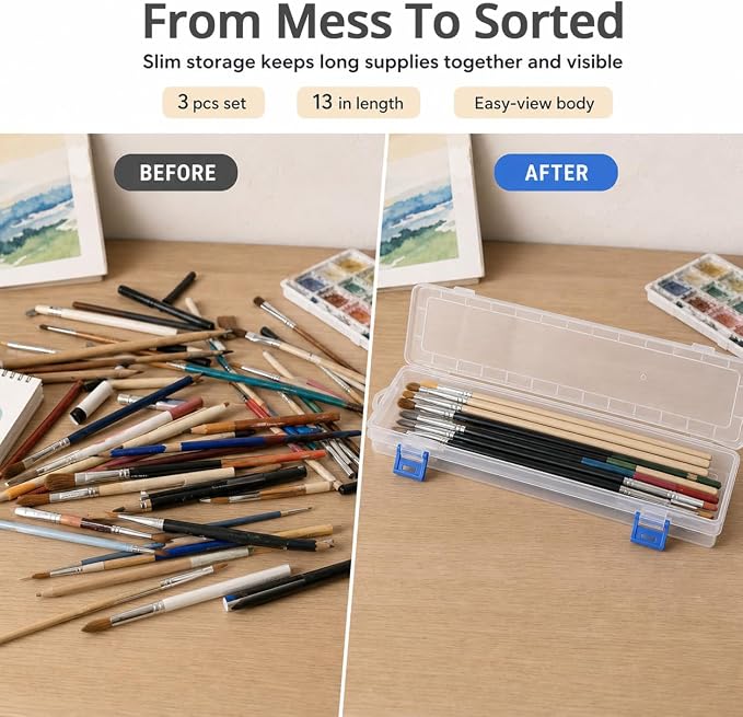 QWORK Translucent Plastic Paint Brush Holder 13" Long (33x7x3.5cm) – Clear Storage Box with Snap Closure for Art Supplies, Watercolor Pens & Drawing Tools Organizer