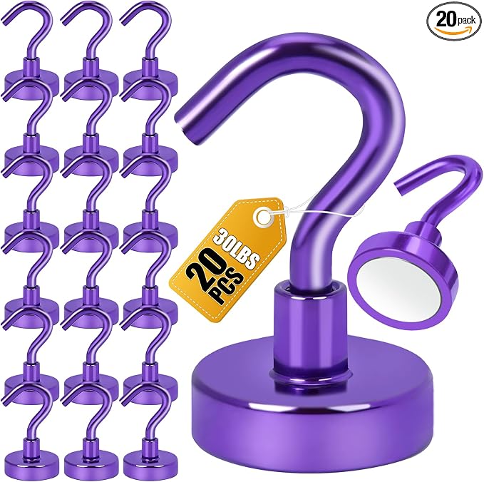 DIYMAG Magnetic Hooks 20pcs 30lbs Cruise Essentials 2026 Magnet Hook Purple | Neodymium Heavy Duty Strong Magnets Hanging Ship Cabins Refrigerator Fridge Classroom Beach Vacation Kitchen Grills Home Tool
