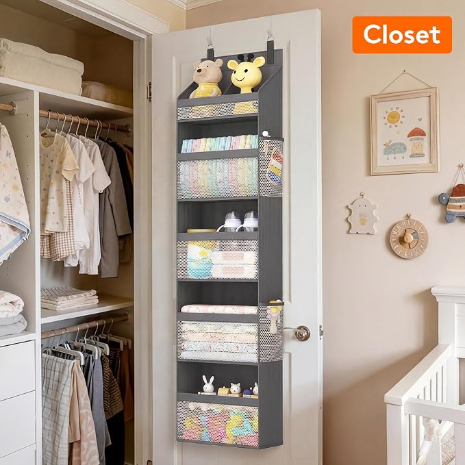 Lifewit 5 Tier Over the Door Diaper Organizer for Nursery, Large Heavy Duty Hanging Storage with 4 Mesh Side Pockets, Sturdy Back of Door Shelf for Baby Stuff Toy in Pantry, Laundry, Bathroom, Gray
