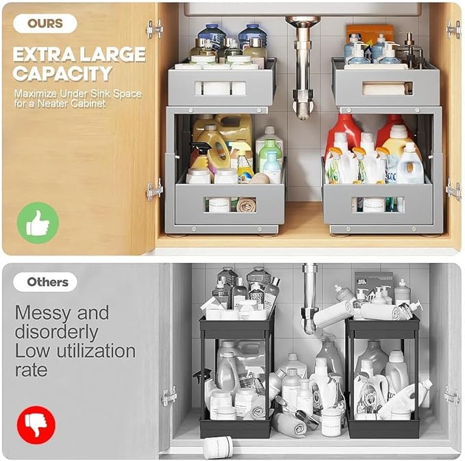 Under Sink Organizer, 2-Tier Dual Pull Out Cabinet Organizer Drawers With Smooth Circular Rail,Large Capacity Metal Mesh Sliding Shelves For Bathroom& Kitchen Storage,Height Adjustable–Gun Gray,1 Pack