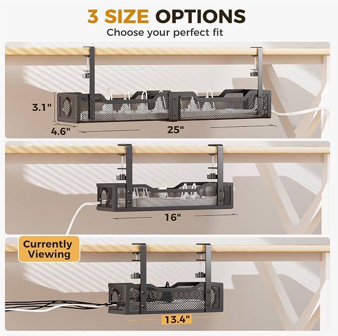 Under Desk Cable Management Tray Black, Cinati Wire Organizers No Drill, Cable Tray with Clamp for Wire Management, Cord Organization Box for Office, Home - No Damage to Desk