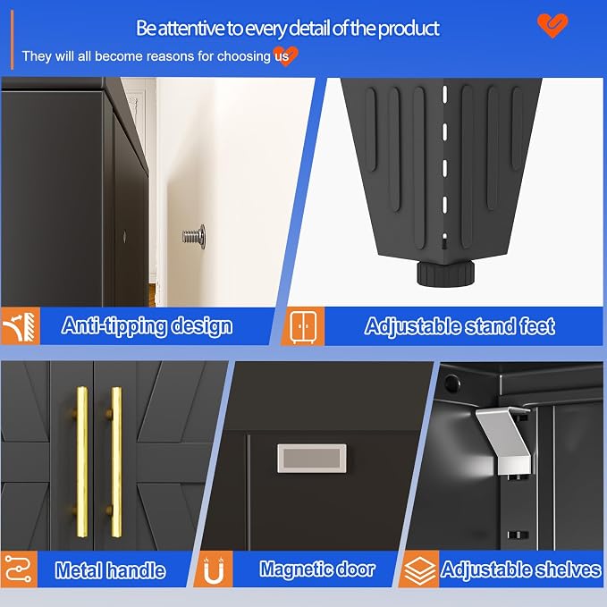 GAIOUS 71" Tall Kitchen Pantry Cabinet,Metal Storage Cabinet Black Cupboard | Steel Office Cabinet, Freestanding Bookcase with 2 Doors and 4 Adjustable Shelves, Bathroom Kitchen Home Garage Tool Cabinet
