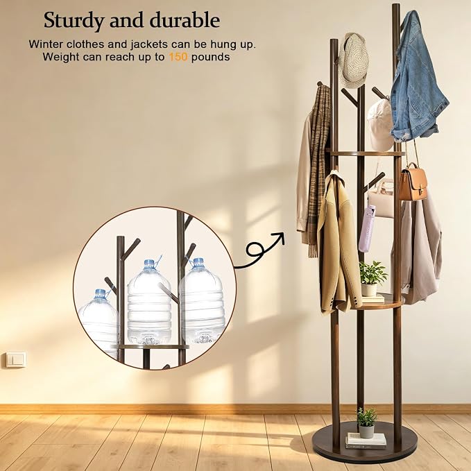 360° Rotating Wooden Coat Rack,9 Hooks & 3 Shelves Walnut Entryway Coat Tree Garment Stand for Hat Scarf Handbag
