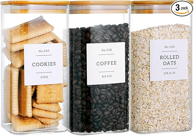 CZZGSM 3 Pack Square Glass Kitchen Storage Jars with Airtight Bamboo Lids and 132 Pantry Labels - 54oz Glass Canisters with Wood Lids - Food Storage for Sugar, Rice, Pasta, Cereal