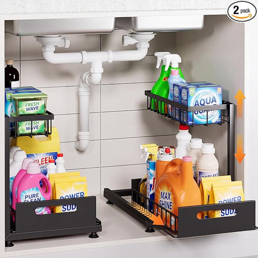 Saydear 2-Pack L-Shaped Under Sink Organizer, 2-Tier Pull-out Cabinet Rack | Black Height-Adjustable Steel Rack, Sliding Grid Drawers with PP Liners, Holds 100 Lbs, Suction Base, Ideal Kitchen Storage