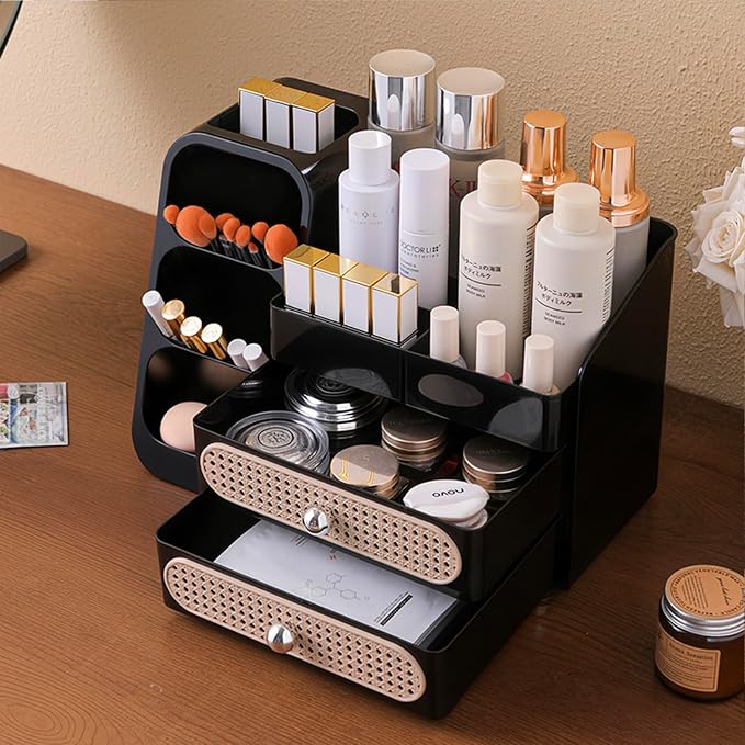 Aveniee Makeup Organizer with Drawers, Large Bathroom Countertop Organizer for Vanity, Desk Cosmetics Storage for Perfume Brushes Skincare Eyeshadow Lotions Lipstick-Black