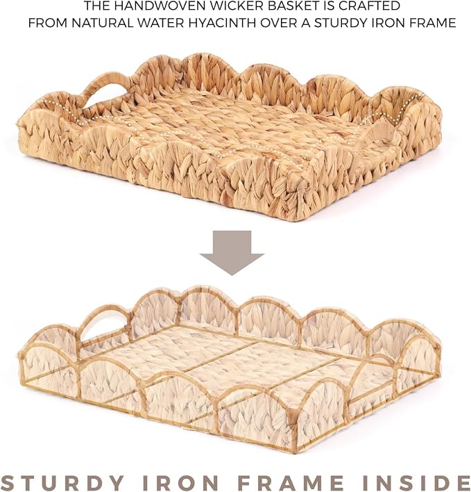 Scalloped Water Hyacinth Tray, Hand-Woven Wicker Storage Baskets with Scalloped Edge and Handles (17x13x3 inch) Rectangular Handwoven Trays, Water Hyacinth Basket, 2 Pack