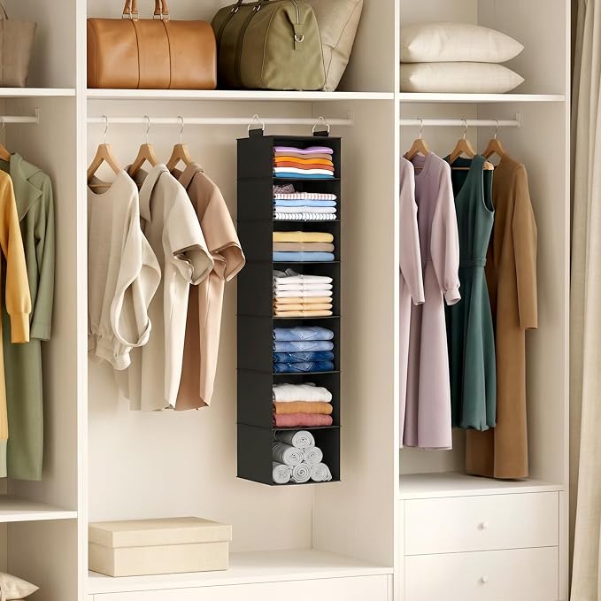 Lifewit 7 Tier Hanging Portable Closet Storage Organizer for Shelves, Gray | Foldable Clothes Shelf with 2 Sturdy Hooks, Sweater/Coat/Shoes Clothing Organization for Wardrobe, Dorm, Bedroom