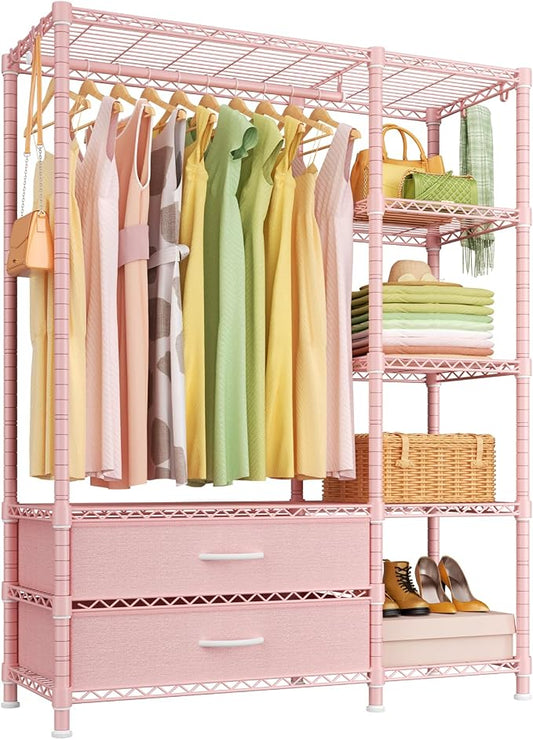Ulif F3 Heavy Duty Clothes Rack（With Fabric Drawers）Freestanding Clothing Racks for Hanging Clothes，Adjustable Closet Organizer System，Portable Garment Rack 40" W x 15" D x 72" H，Max Load 700LBS，Pink
