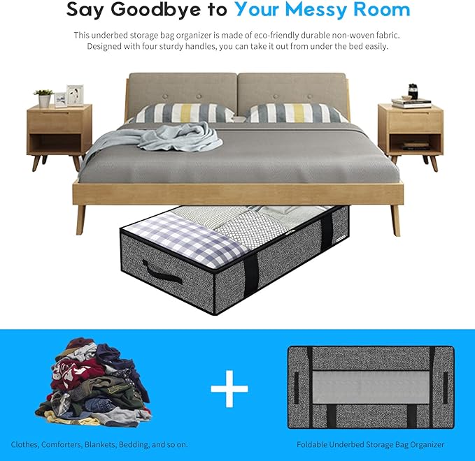Onlyeasy Foldable Underbed Bags - 2 Pack Blankets Clothes Comforters Storage Bag Breathable Zippered Organizer for Bedroom with Clear Window and 4 Handles, 100 x50 x15cm, Linen-Like Black, MXAUBBP2