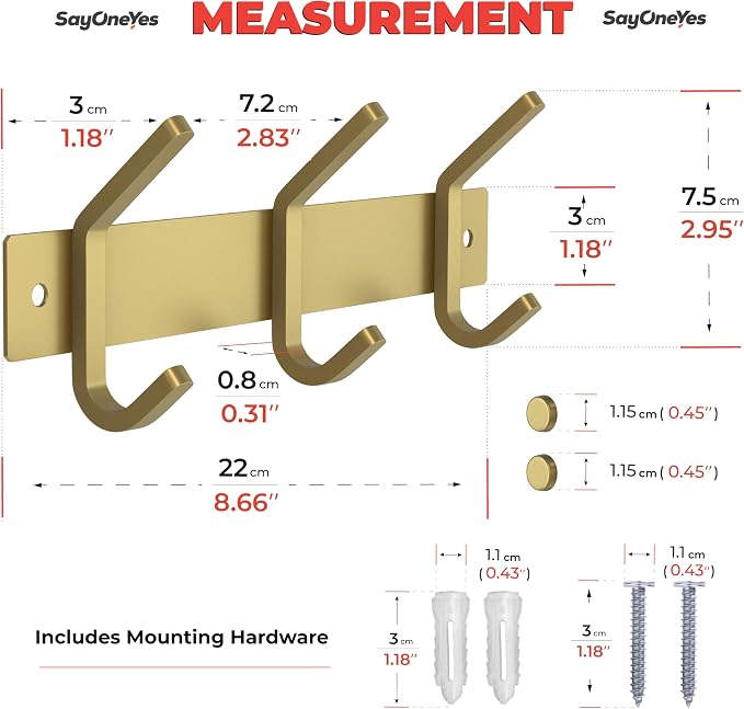 Brushed Gold Small Coat Rack Wall Mount – 9 Inch Stainless Steel Rail with 3 Double Coat Hooks for Entryway, Bathroom, Bedroom, Kitchen – Modern Gold Hook Rack for Coats, Hats, Towels