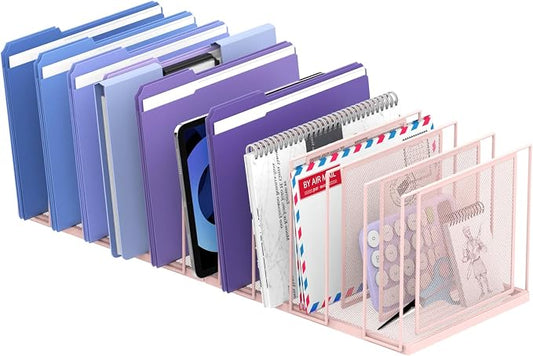 File Organizer for Desk, 11-Section Vertical File Sorter, Paper Holder Organizer Standing Metal File Folder for Office Home Classroom, Pink