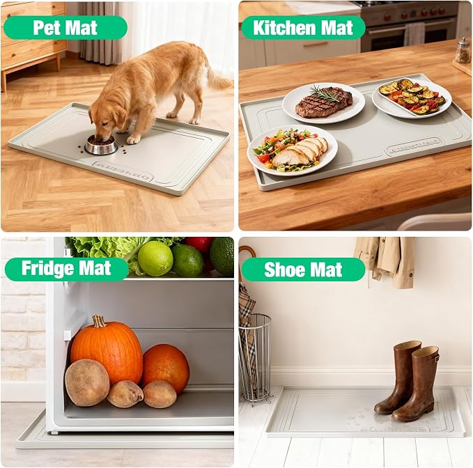 Under Sink Mat 34" X 22", Waterproof Silicone Cabinet Kitchen Liner, Beige | BPA-Free Raised-Edge Cabinet Protector & Leak Tray for Bathroom Cabinets, Boots, Pet Feeding Dog & Cat Mats, Dishwasher Safe
