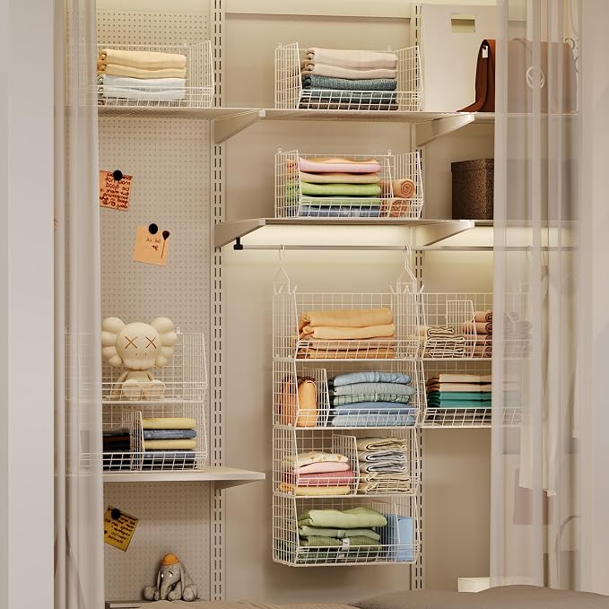 4 Tier Extra Large Hanging Closet Organizer ,Closet Organizer Hanging with 5 S Hooks 4 Dividers,Clothes Organizer Clothing Sweaters Clutches Handbags Hats Accessories-White