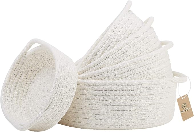 5-Piece Round Woven Cotton Rope Storage Baskets for Organizing, Small Shallow Nesting Set for Montessori Toys, Entryway Catchall, Fruit Bowl, Key Tray, Remote Holder, Nursery & Pet Toys