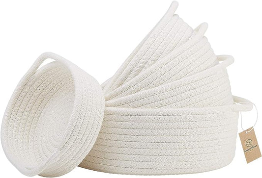 5-Piece Round Woven Cotton Rope Storage Baskets for Organizing, Small Shallow Nesting Set for Montessori Toys, Entryway Catchall, Fruit Bowl, Key Tray, Remote Holder, Nursery & Pet Toys