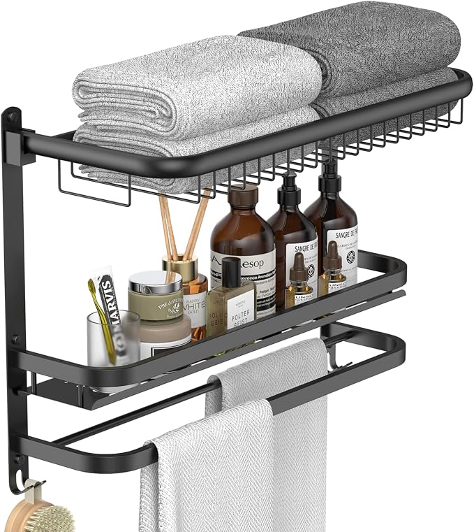 23 Inch Towel Rack for Bathroom with 3 Tier Shelf Double Bar Hook (Black) | 90 Degree Foldable Top Design, Wall Mounted Storage Shelf of 304 Stainless Steel, No Drill or Screw Installation
