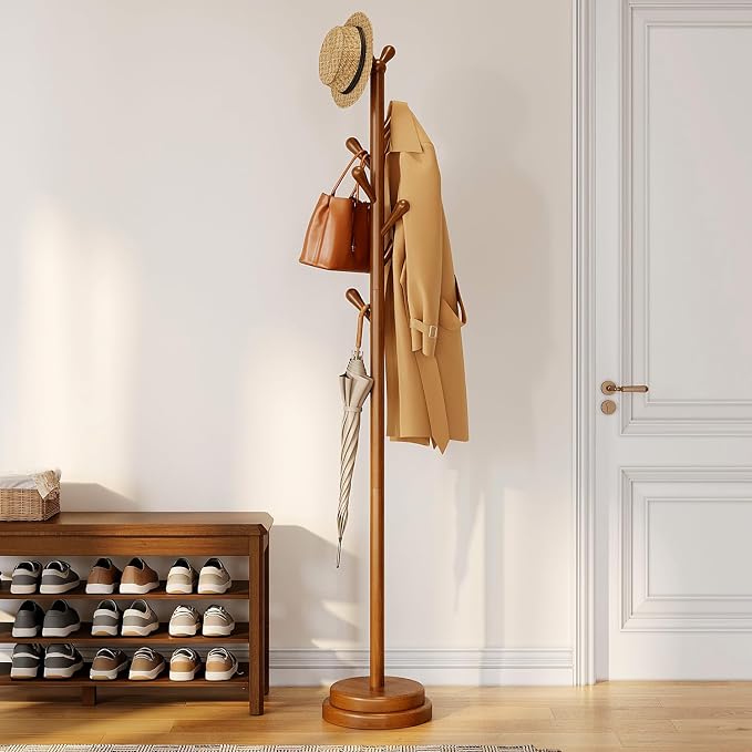 STARSAGA Solid Wood Coat Rack Freestanding Coat Tree with 8 Hooks | Adjustable Height Heavy Duty Coat Rack with Rounded Hooks & Dual-Layer Base, Holds Coats Hats Bags for Entryway, Bedroom