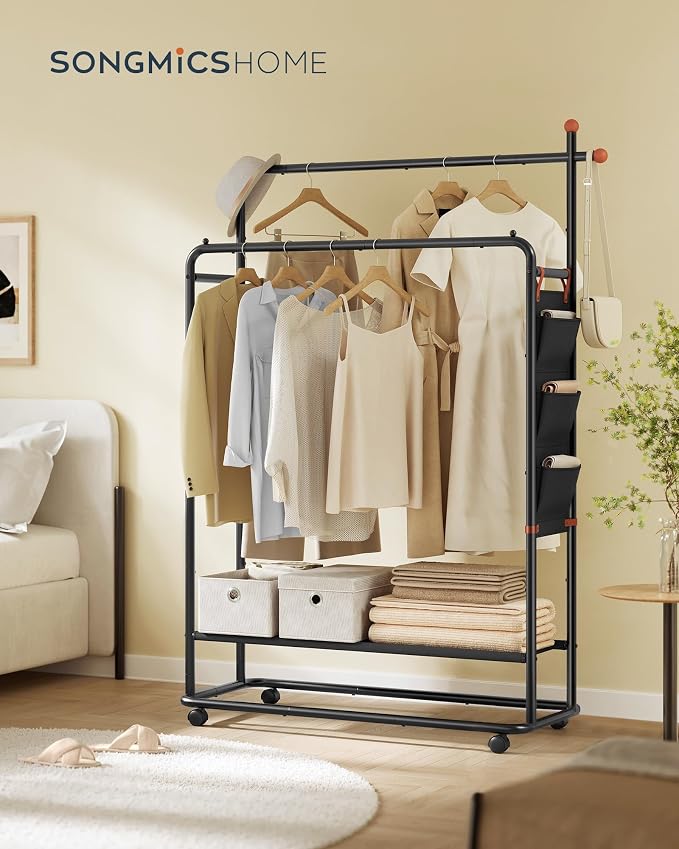 SONGMICS HOME Double-Rod Clothes Rack, Clothing Rack on Wheels, Portable Garment Rack, with 2 Clothes Hanging Rails, Fabric Shelf and Storage Bag, Matchstick-Shaped Hooks, Ink Black UHSR171B01