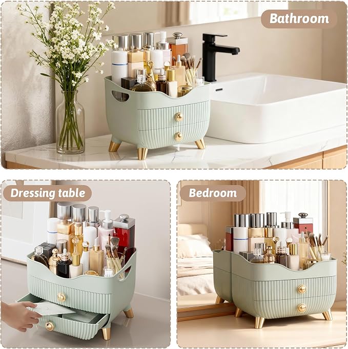 Makeup Organizer Countertop, Large Capacity Skincare Organizer for Vanity | Cosmetics Organizer with Drawes & Handle, Cosmetic Display Cases Storage Box for Dresser, Bathroom, Gifts for Women(Green)