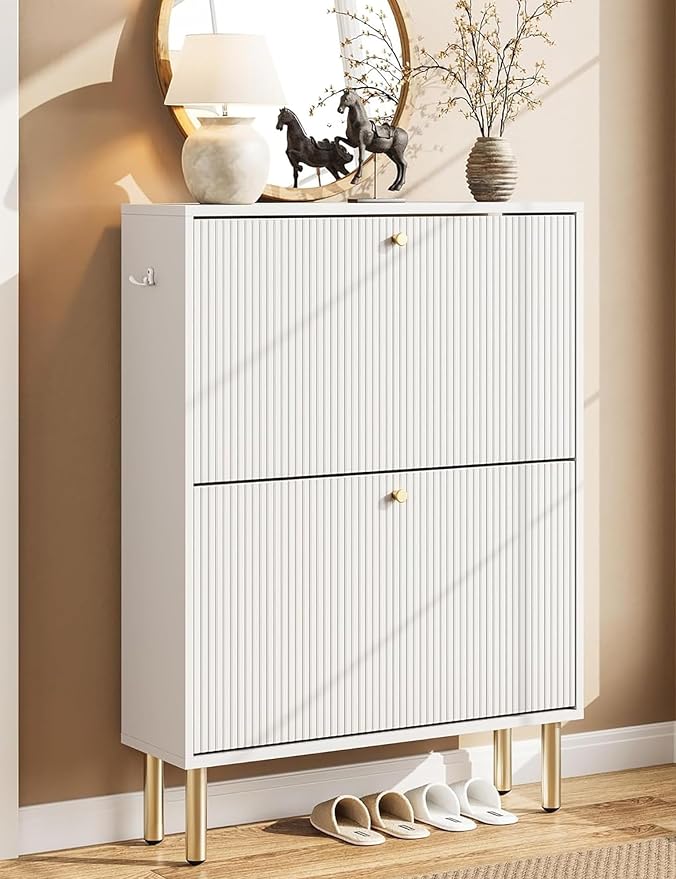 Nicetree Shoe Storage Cabinet for Entryway - 2 Flip Drawers Shoe Cabinet with Tiered Fluted Design - Slim Shoe Storage Rack with Gold Legs - Narrow Shoe Cabinet Hidden Shoe Organizer for Small Spaces