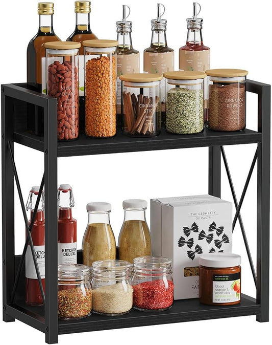 Giikin Kitchen Countertop Organizer, 2 Tier Coffee Bar Organizer, Black Spice Rack for Counter, Kitchen Counter Shelves, Particleboard,15.8" L x 7.9" W x 15.8" H (Black, L)