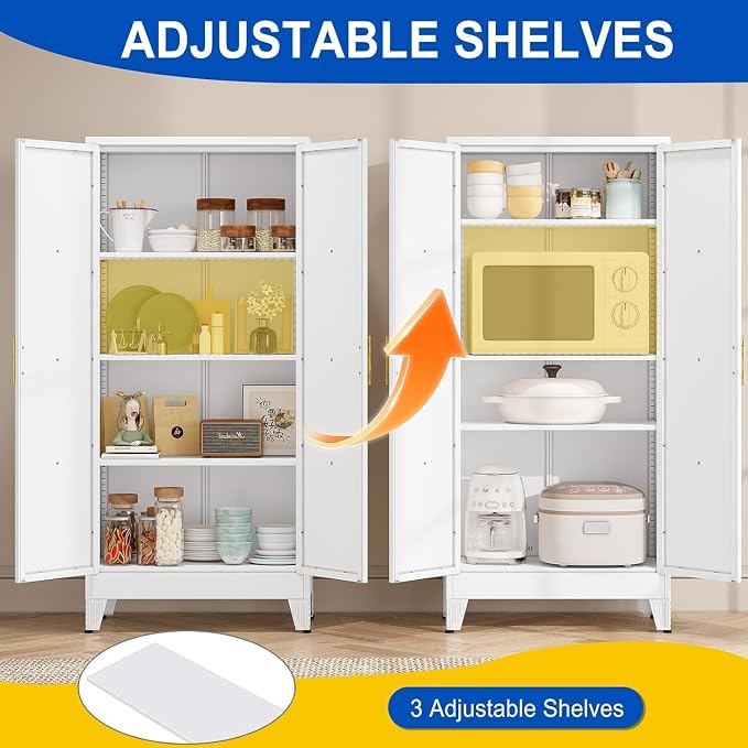 61" Metal Storage Cabinet with 2 Doors and 3 Adjustable Shelves,White Farmhouse Kitchen Pantry Cabinet,Steel Garage Tool Cabinet,File Cabinetfor Home,Office,Dinning Living Room,Warehouse