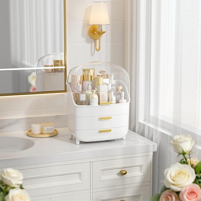 Vtopmart 3-Tier Skincare Makeup Organizer with Drawer and LId, White | With Drawers and Lid, For Vanity, Dresser and Bathroom Countertop, Large Cosmetic Storage Box Case, Non-Slip Base