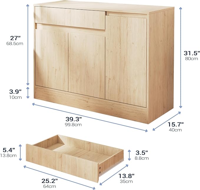 Housoul 39.4" W Shoe Storage Cabinet with 3 Doors & Drawer, Natural | Freestanding Modern Shoe Cabinet with Drawer & Adjustable Shelves, Wooden Shoe Organizer Cabinet for Entryway, Hallway