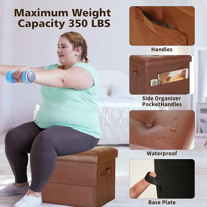 BelugaHelper Storage Ottoman Foot Rest Stool. Folding Ottoman with Storage with Thicker Foam Padded Seat. 330 lbs Footstool Bench for Living Room, Bedroom, Home Office Table, 17x13x13in, Light Brown | Small Ottoman with Storage with Thicker Foam Padded...