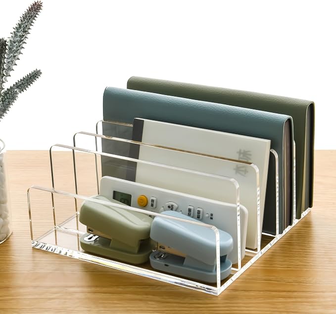 5 Compartments Clear Acrylic Mail Holder – Vertical Letter Sorter & Multifunction Desk Organizer for Bills, Documents, Notebooks – Modern Office/Home Envelope File Rack