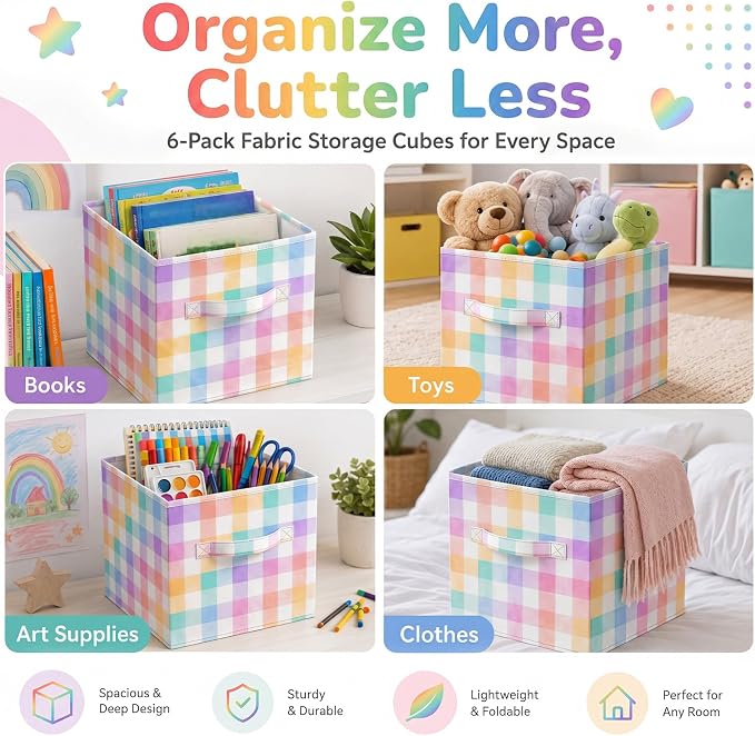 6 Pcs 11 Inch Pastel Checked Fabric Storage Cube Bin Woven Foldable Gingham Storage Cube for Classroom Basket Bin Organizer with Handle Decor for Organizing Clothes, Toy, Book