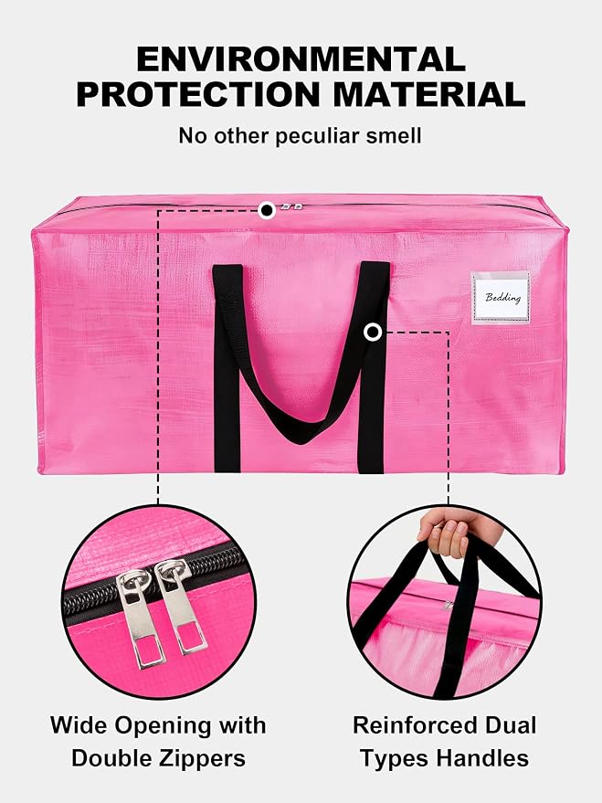 HOMESURE Supports 200lbs Heavy Duty Moving Bags - Strong Zipper & Wrap-Around Handles - Water-Resistant Storage Totes, Durable Alternative to Moving Boxes - 4 Pack - Pink