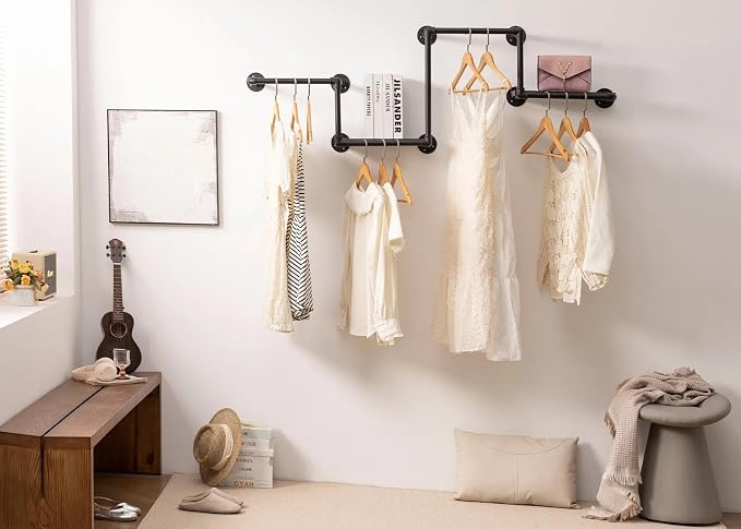 Industrial Pipe Clothing Rack, Wall Garment Rack, Hanging Clothes Rack | Heavy Duty Iron Clothes Bar/Rod, Space-Saving Clothing Hanging Rails with 2 Shelves for Closet Home Bedroom Retailer Laundry