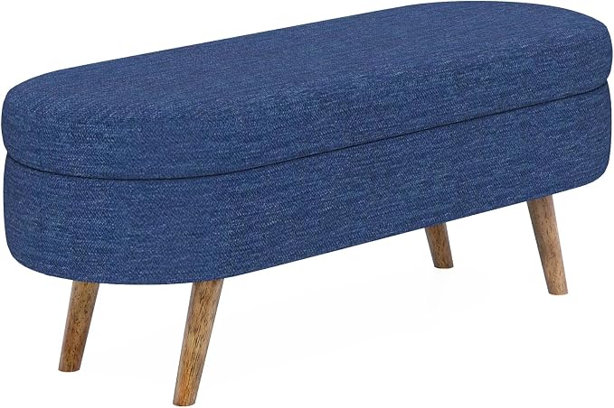 43.5” Storage Ottoman Bench，Upholstered Oval End of Bed Bench for Bedroom | Modern Linen Ottoman with Storage, Entryway Foot Rest with Wooden Legs, Lift-Top Lid with Safety Hinge, Living Room, Blue