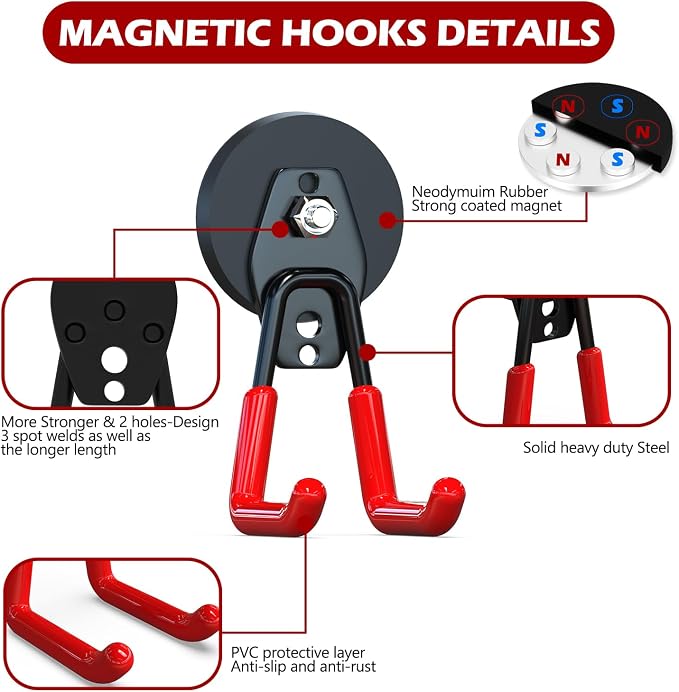 3-H Heavy Duty Magnetic Hooks, Large Magnet Hooks,4 Pack Red | No-Drill Tool Holder for Garage,Power Drill,Garden Tools,Hose Storage